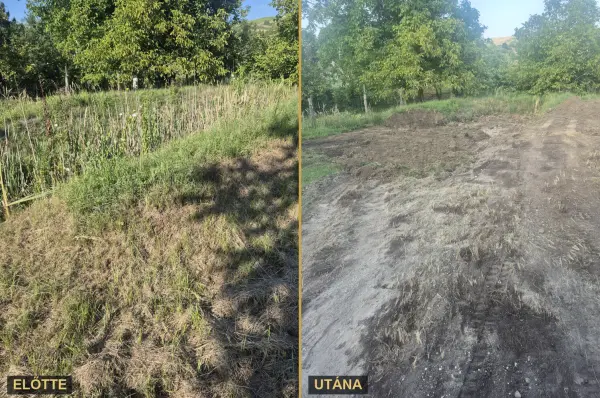 Gazos lejtős telek tisztítása, kerti tó megszüntetése – Izsófalva
